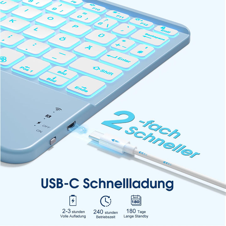 Vobafe Bluetooth Tastatur mit Touchpad, 7-farbiges Backlight iPad Tastatur Hellblau, Hellblau