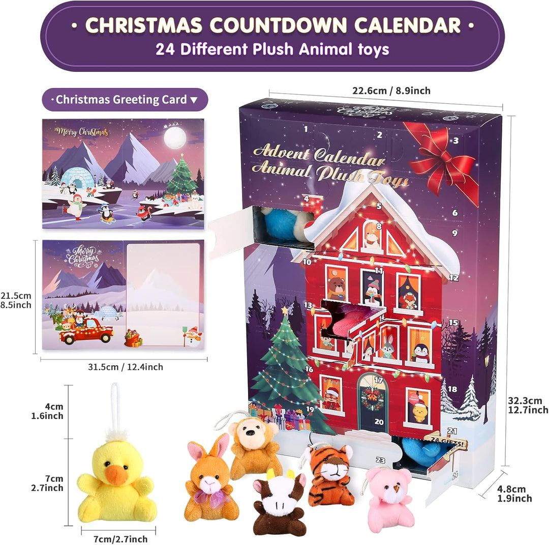 Adventskalender 2025 mit 24 Stück plüschtier Schlüsselanhänger Kleine Geschenke für Kinder Weihnacht