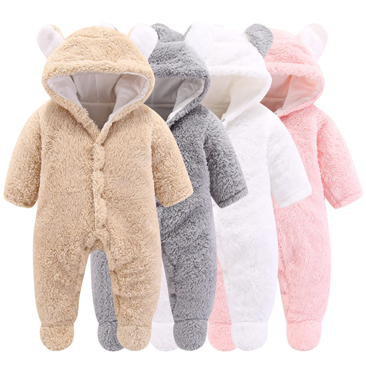 Neugeborene Baby Cartoon Bär Schneeanzug Wintermantel Fleece Kapuze Strampler Jumpsuit Khaki 6-9 Mon