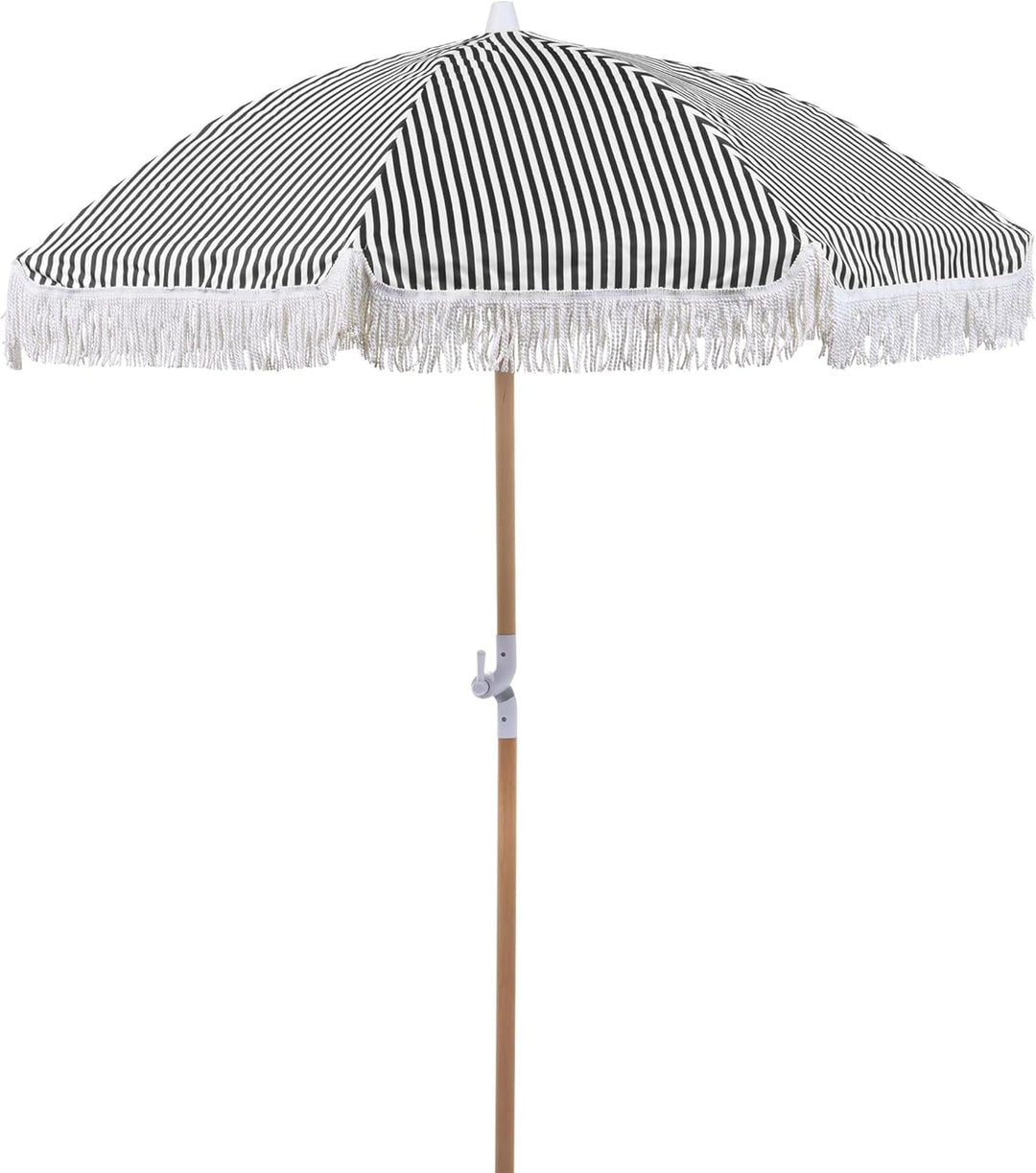 Sonnenschirm mit Volant Regenschutz Holzmast schwarz rund ⌀ 150 cm Boho Mondello