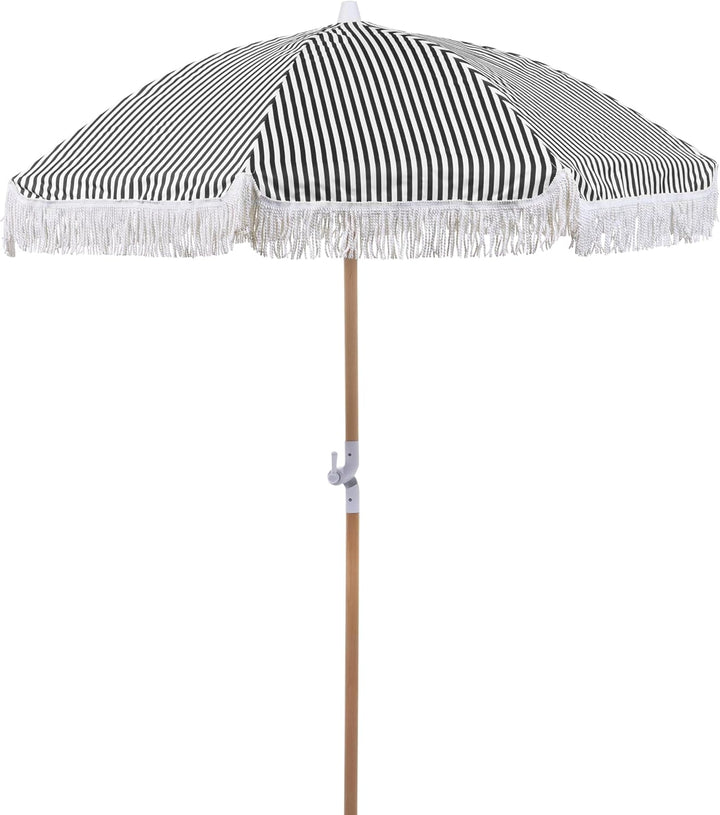 Sonnenschirm mit Volant Regenschutz Holzmast schwarz rund ⌀ 150 cm Boho Mondello