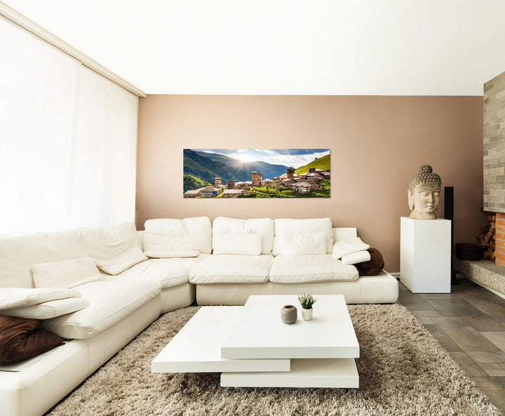 Paul Sinus Art Panoramabild auf Leinwand und Keilrahmen 150x50cm Georgien Kaukasus Bergdorf Berge Wi