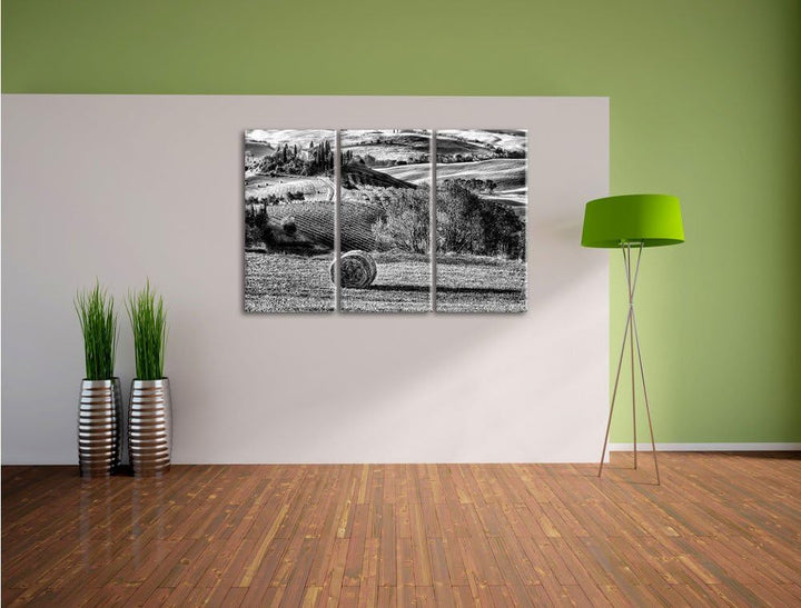 Pixxprint Monocrome, Italienische Toskana Landschaft 3-Teiler Leinwandbild 120x80 Bild auf Leinwand