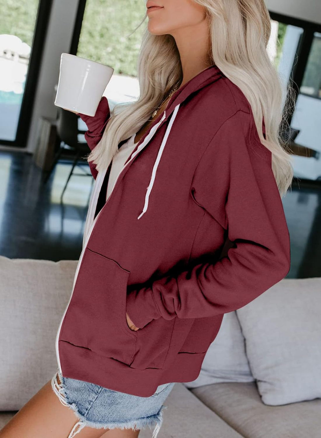 Uusollecy Damen Sweatjacke Hoodie Sweatshirtjacke Pullover Oberteile Kapuzenpullover Einfarbig Full