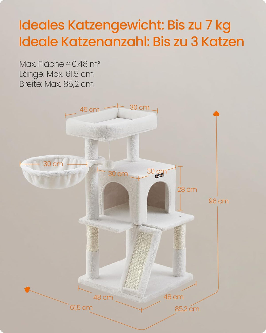 Feandrea Kratzbaum, 96 cm hoch, Katzenbaum mit grosser Plattform, Katzenkratzbaum mit Katzenhöhle, H