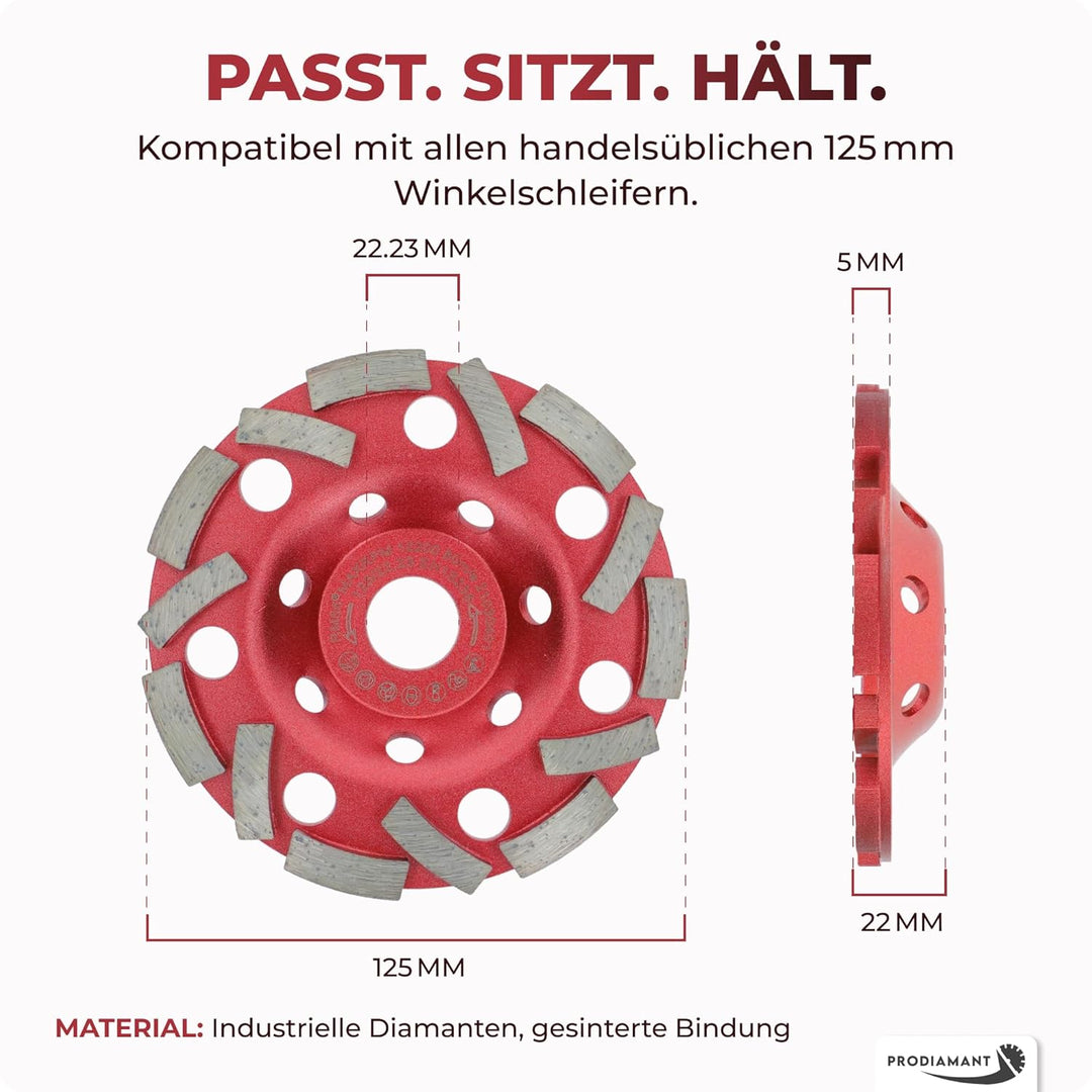 PRODIAMANT Diamant Schleiftopf Extra Speed Beton 125 mm x 22,2 mm Schleifteller für Beton Fliesenkle