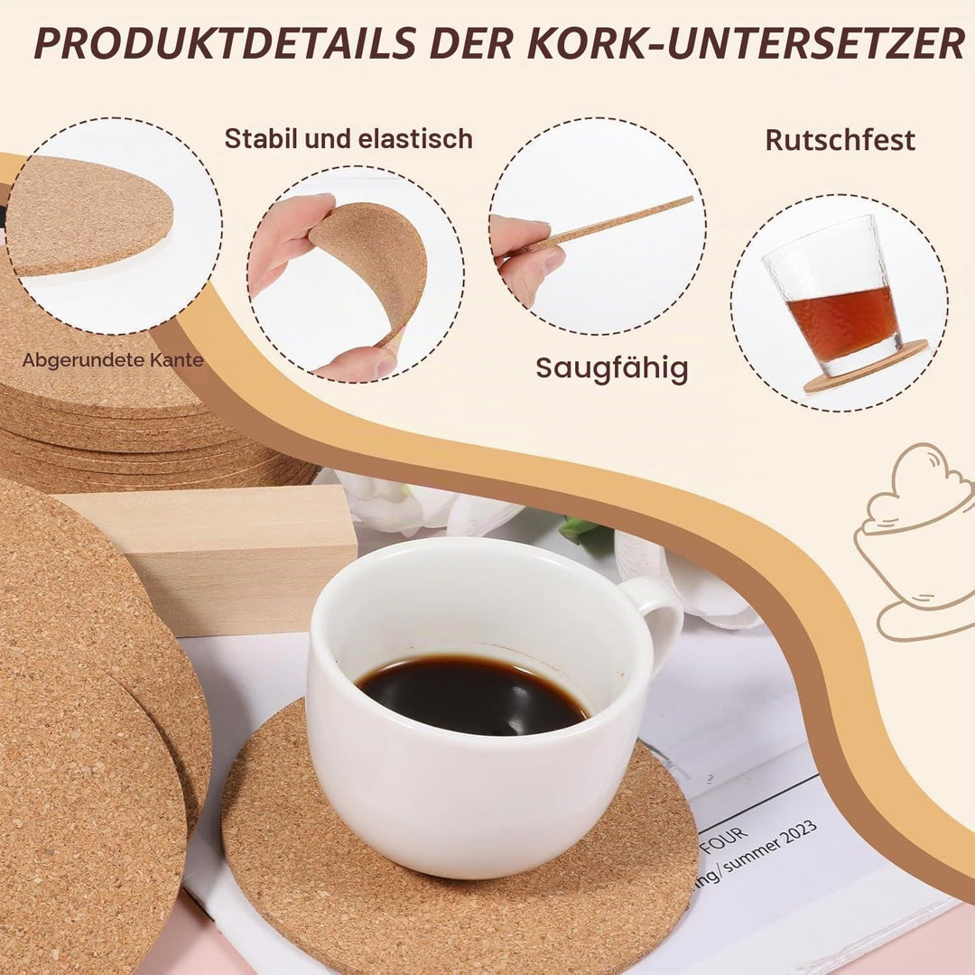 Untersetzer aus natürlichem Kork, Holz, Getränkeuntersetzer, Tee-, Kaffee-, Tassen-Matte, saugfähig,