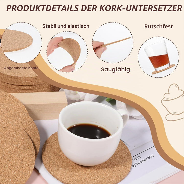 Untersetzer aus natürlichem Kork, Holz, Getränkeuntersetzer, Tee-, Kaffee-, Tassen-Matte, saugfähig,