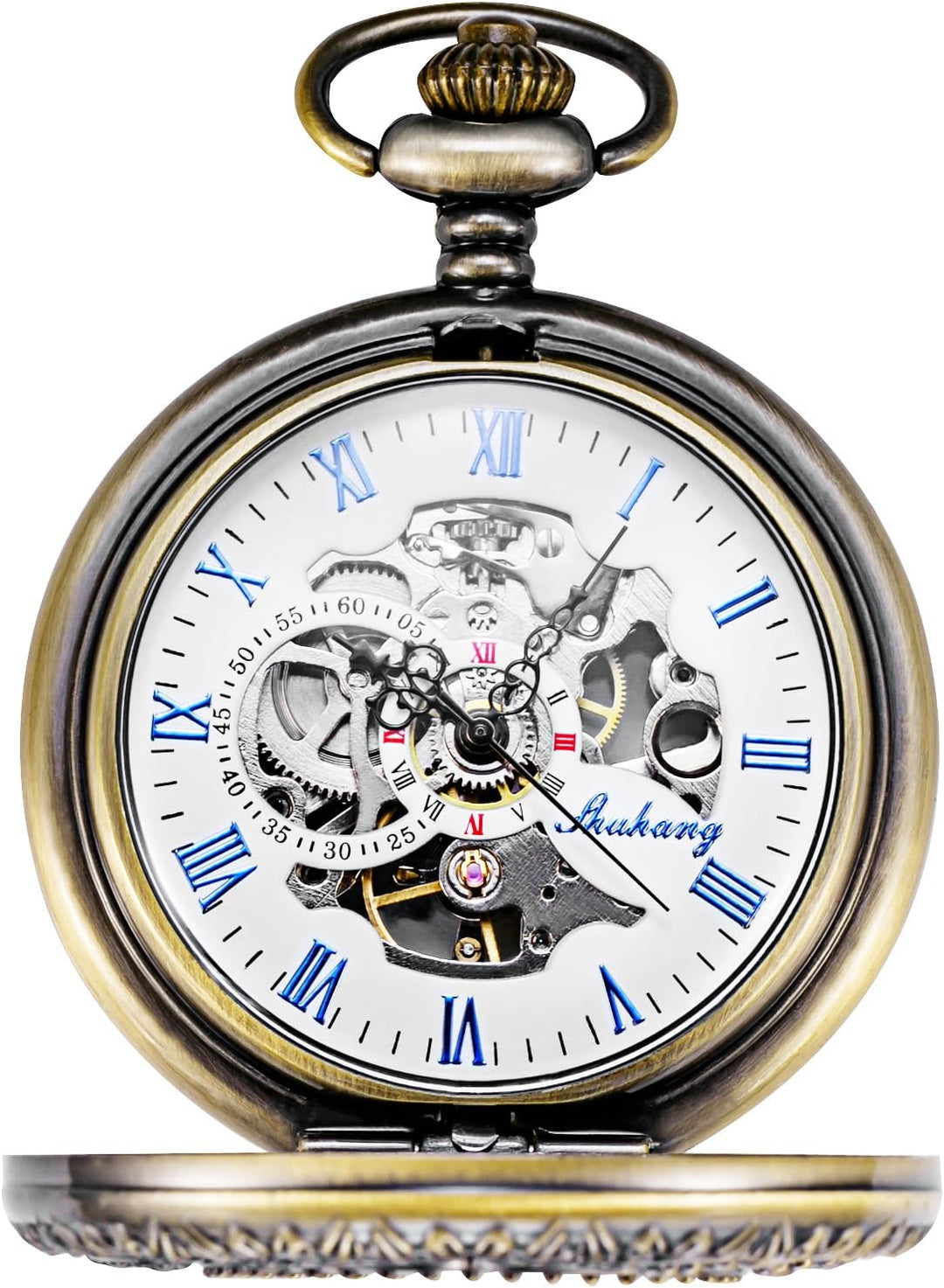 TREEWETO Unisex Taschenuhr mit Kette Analog Handaufzug Skelett Blume Rattan Bronze