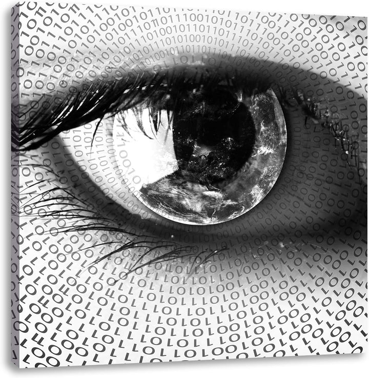 Pixxprint Auge mit binärischen Code Schwarz/Weiss, Format: 70x70 auf Leinwand, 70x70