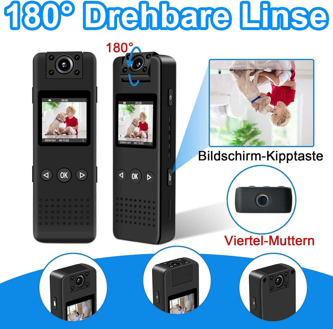 Mini Kamera, 1080P HD & 120° Weitwinkel Bodycam mit 180° Drehbarem Objektiv, Automatische Nachtsicht