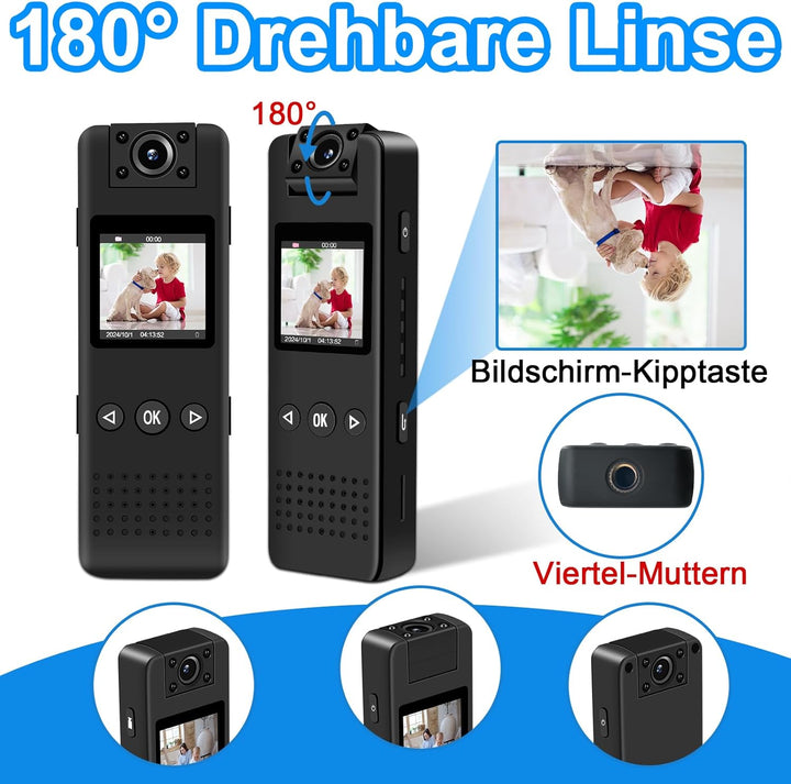 Mini Kamera, 1080P HD & 120° Weitwinkel Bodycam mit 180° Drehbarem Objektiv, Automatische Nachtsicht