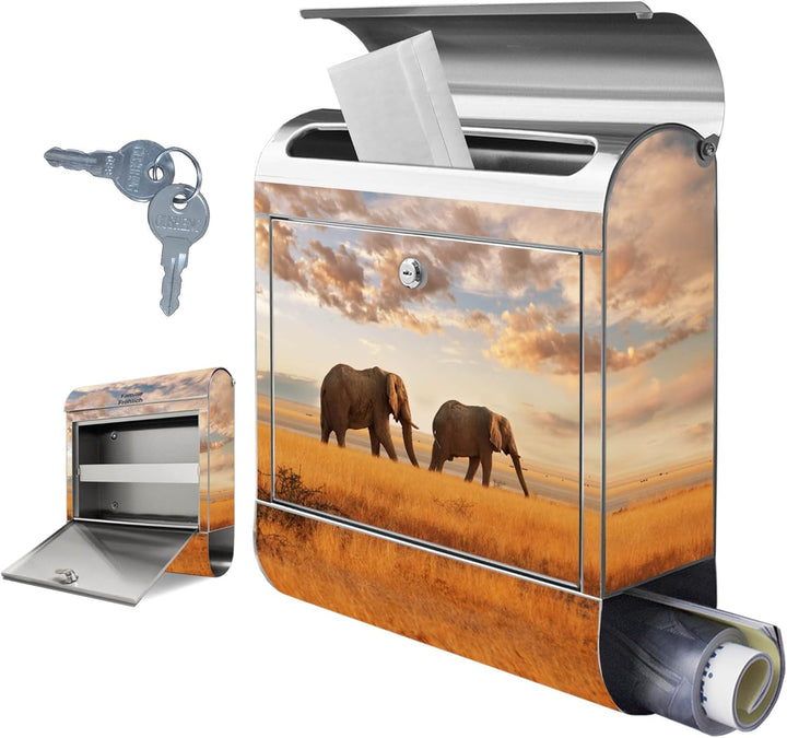 banjado® Briefkasten Edelstahl personalisiert mit Motiv Elefanten 38x43x12cm &amp; 2 Schlüssel - rostfre