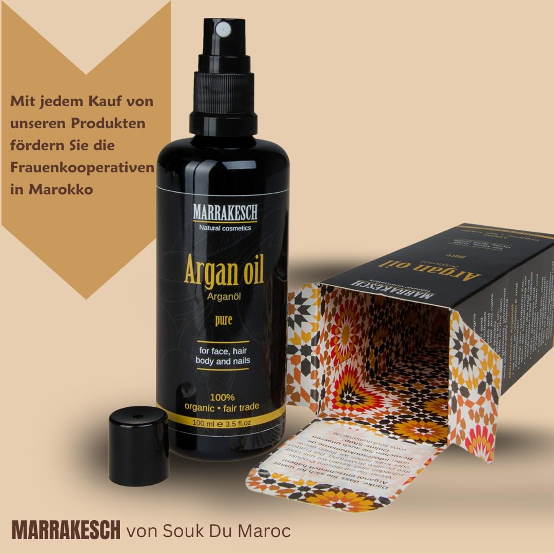 MARRAKESCH Bio Arganöl kaltgepresst 100ml mit Spritzaufsatz 100% reines BIO nativ, Vegan Gesichtsöl