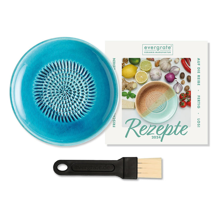 evergrate Keramikreibe im Motiv Türkis mit Küchenpinsel und Rezeptheft, Türkis
