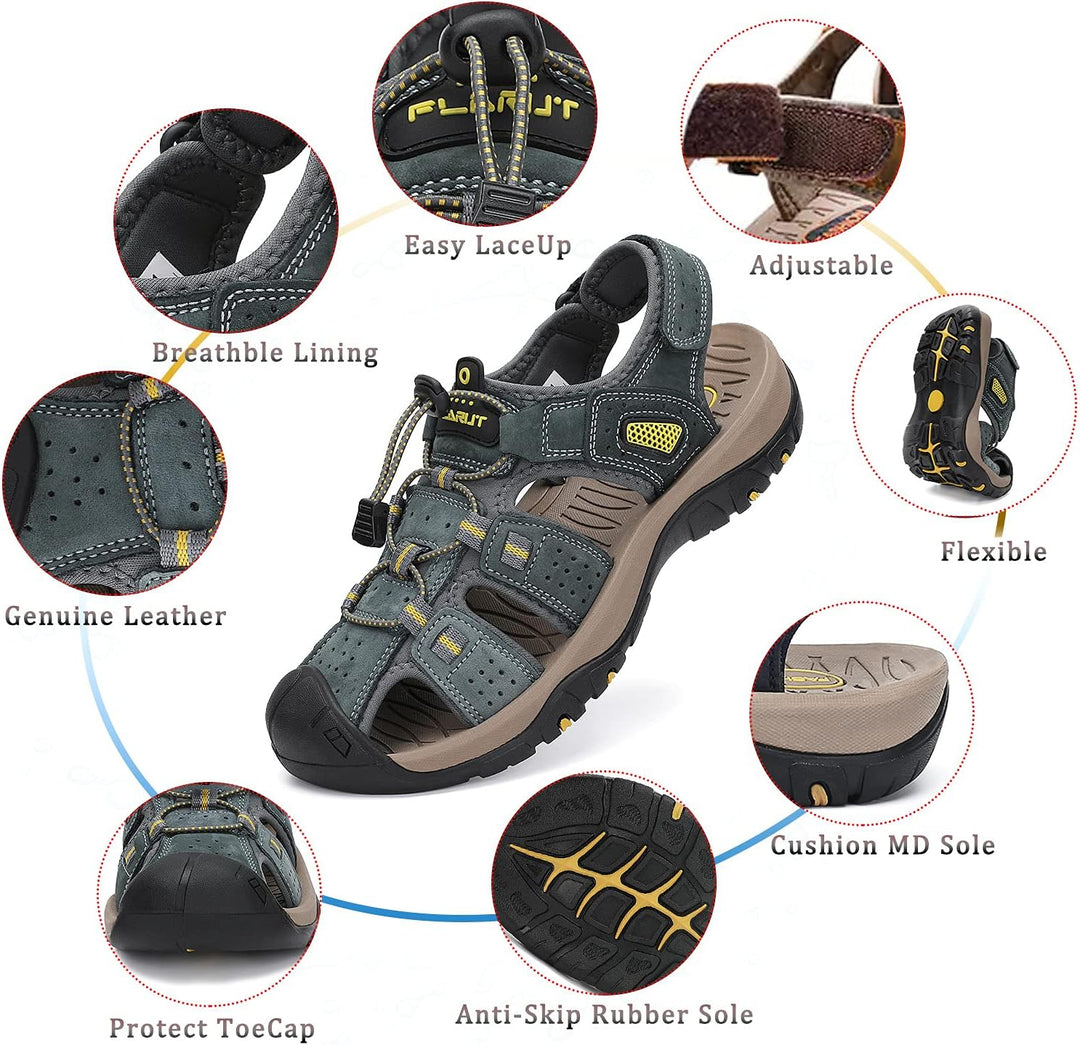FLARUT Sandalen Herren Outdoorsandalen Trekkingsandalen Leder Wandersandale Sportsandalen 40 EU Grau