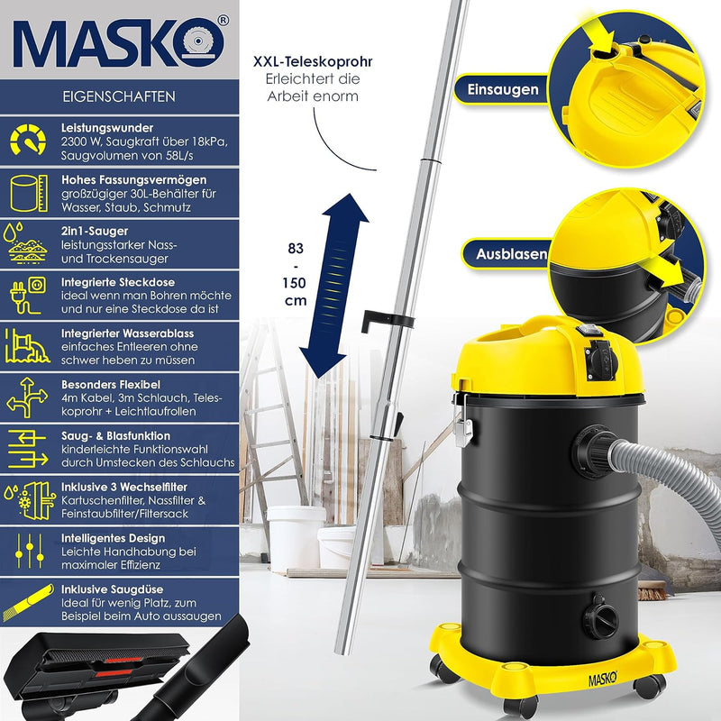 Masko® 6IN1 Industriestaubsauger Staubsauger Nass Trocken Sauger Aschesauger 2300W + Steckdose✓ Blas