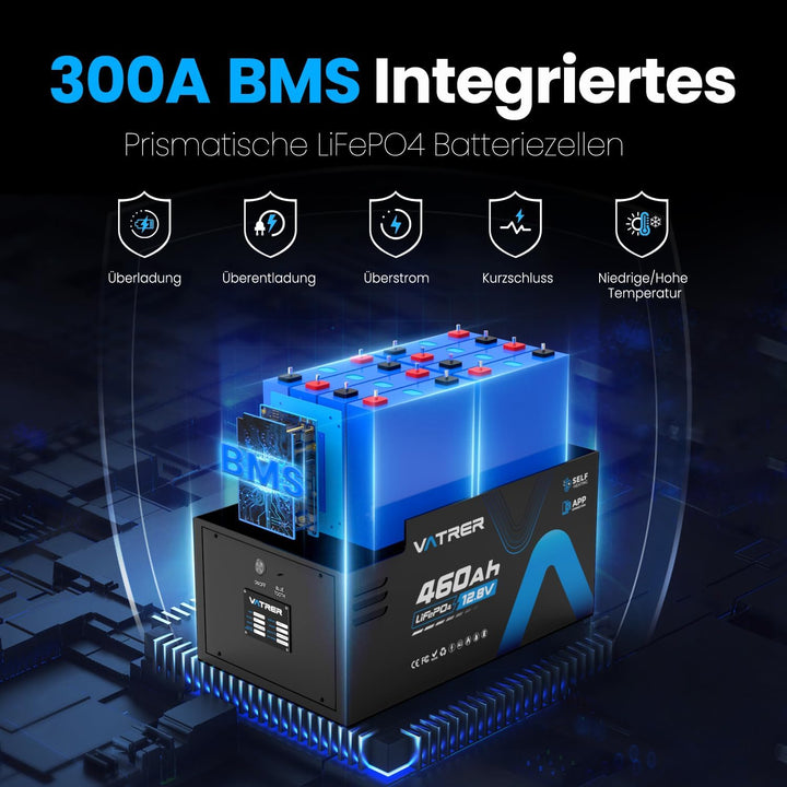 VATRER POWER 12V 460Ah Selbstaufheizende LiFePO4 RV- & Wohnmobil-Batterie, APP-Überwachung, integrie