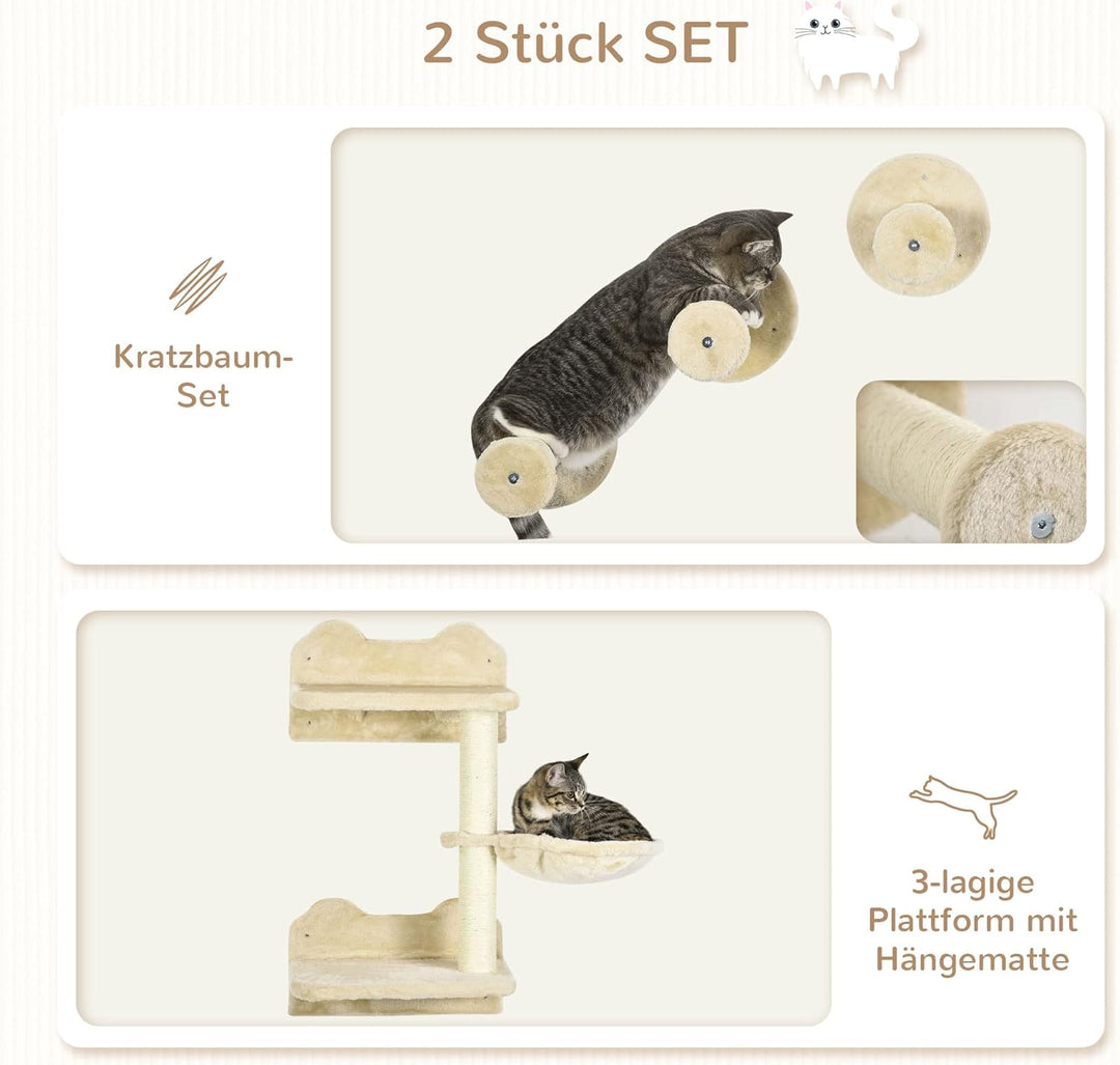 PawHut Kletterwand Katzen 4-teilig Katzen Kletterwand Set mit Sprungturm, 3 Kratzbäume, Kratzbaum mi