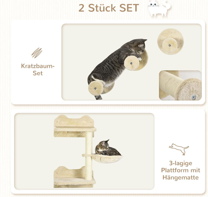 PawHut Kletterwand Katzen 4-teilig Katzen Kletterwand Set mit Sprungturm, 3 Kratzbäume, Kratzbaum mi