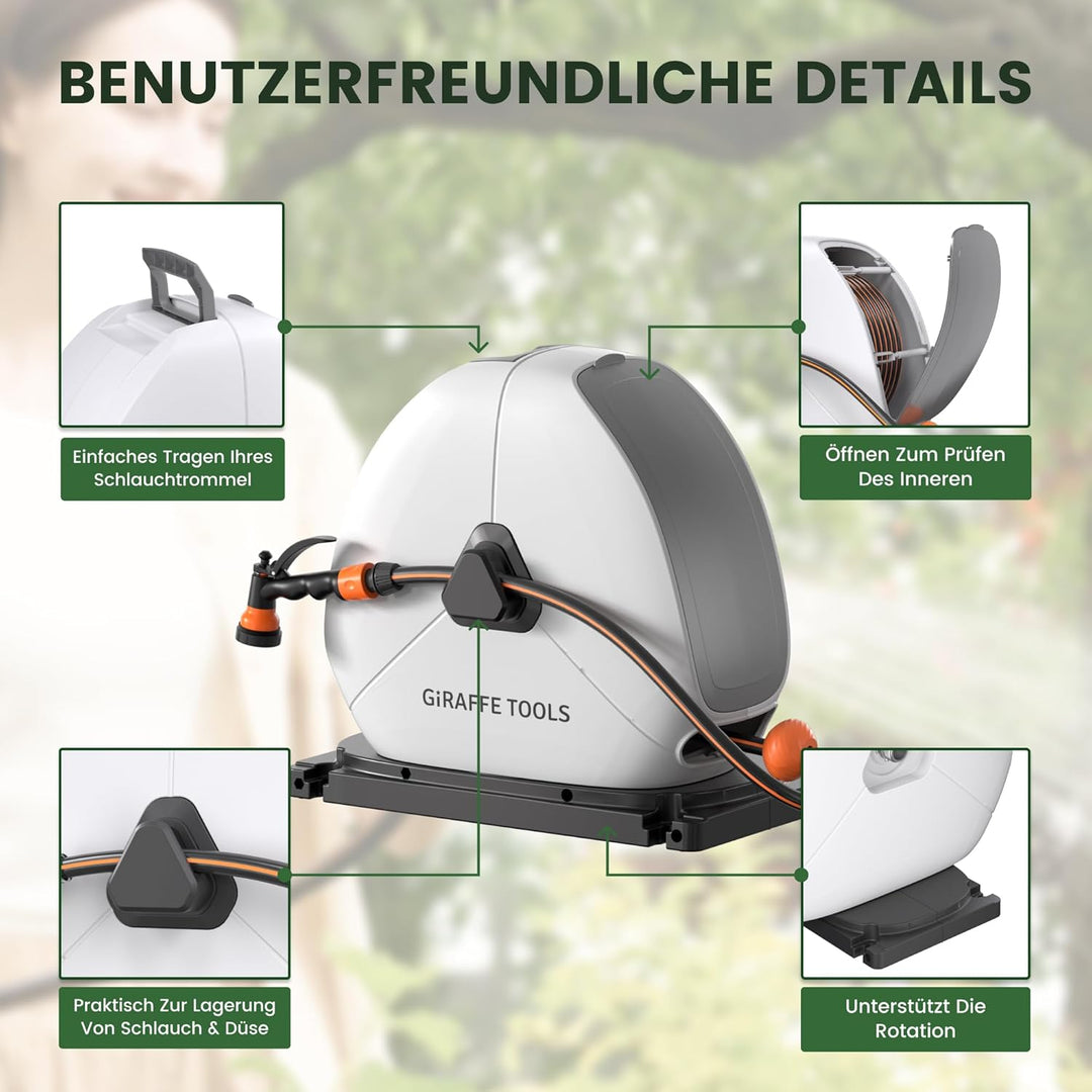 Giraffe Tools Ausziehbare Schlauchtrommel mit 30 m, robuste Bodenmontage, Gartenschlauchtrommel, mit