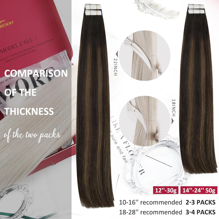 Moresoo Tape in Extensions Echthaar Braun Unsichtbare Tape Extensions Dunkelbraun bis Hellbraun mit
