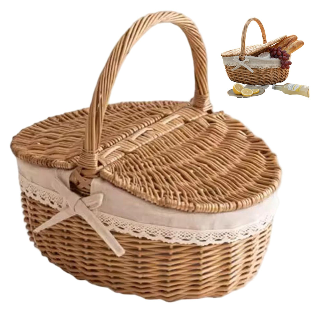 Picknickkorb aus Weide im Vintage Stil, gewebte Picknickkörbe mit Deckel und Griffen für Picknicks,