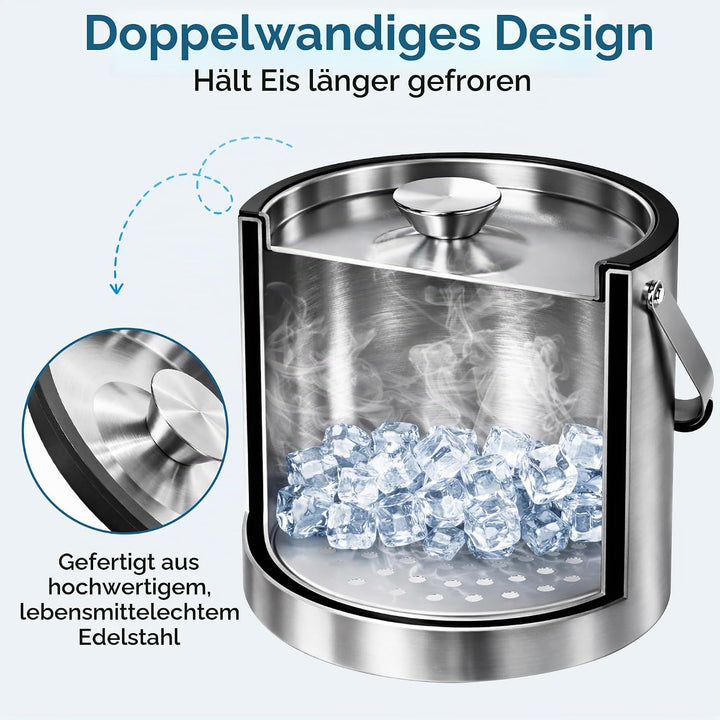 2.0L Eiswürfelbehälter mit Deckel, Eisbehälter Edelstahl mit Clips und Sieb, Eiswürfelform Silikon,