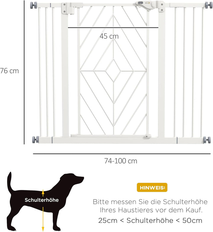 PawHut Hunde Treppenschutzgitter, Hundeabsperrgitter mit automatisch schliessender Tür, 74-100 cm, T