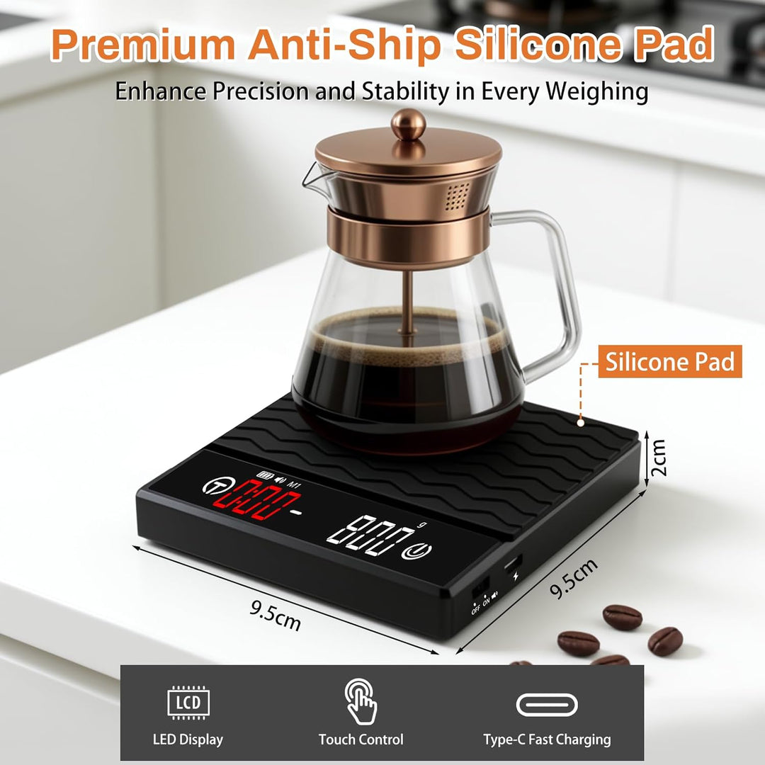 Kaffee Waage mit Timer, Espresso Waage 2kg/0,1g Präzisionswaage, Wiederaufladbare Küchenwaage mit LE