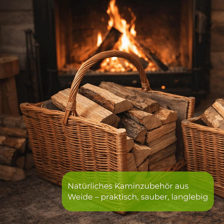 2er Set Kaminholzkörbe Aus Weide 50 x 35 cm + 47 x 30 cm Holzkorb Für Kaminholz Mit Jutefutter Stabi