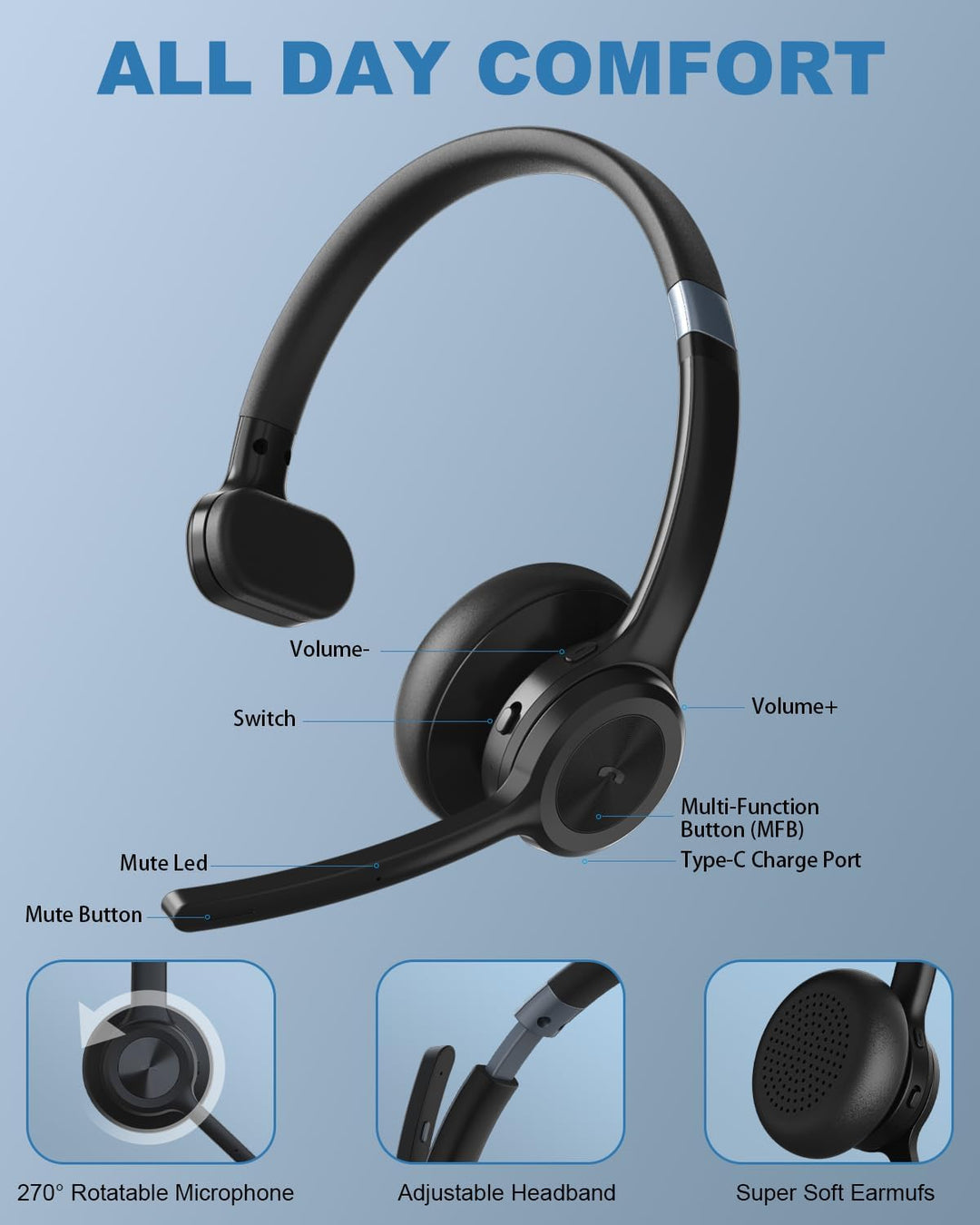 ANSTEN Bluetooth Headset mit Mikrofon | Wireless Headset mit Geräuschunterdrückung, 30 Stunden Anruf