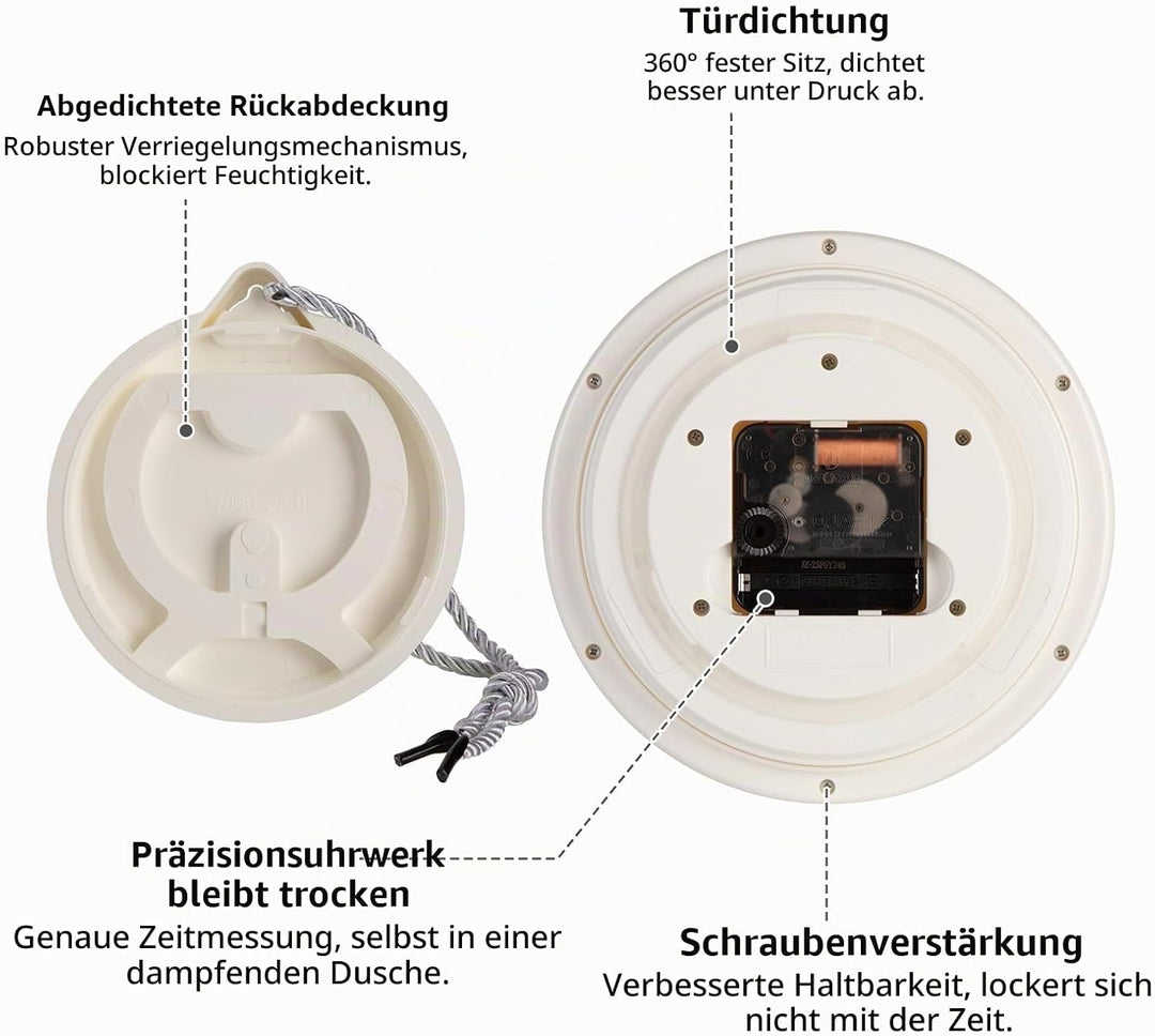 VIVILINEN Badezimmeruhr mit Temperaturanzeige Wanduhr ohne Tickgeräusche Küchenuhr mit Hängeband &amp; S