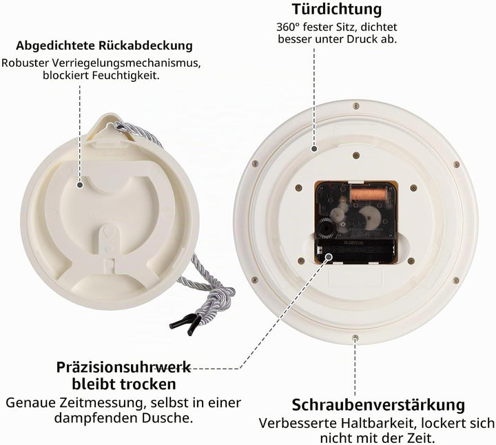 VIVILINEN Badezimmeruhr mit Temperaturanzeige Wanduhr ohne Tickgeräusche Küchenuhr mit Hängeband &amp; S