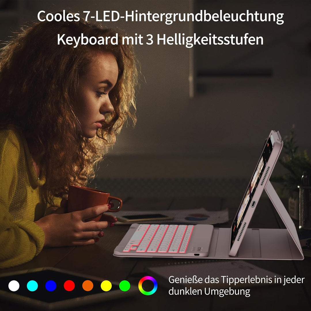 Hülle mit Tastatur für iPad A16 11/10 Generation (2025/2022, 11/10.9 Zoll)- 7 Farben Beleuchtete Mag