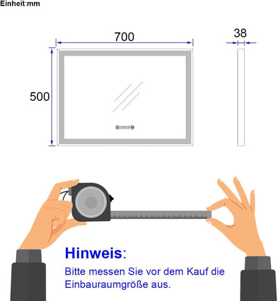 EMKE Badspiegel mit Beleuchtung 70x50cm Badspiegel Schwarzer Rand LED Badezimmerspiegel mit Touch, A