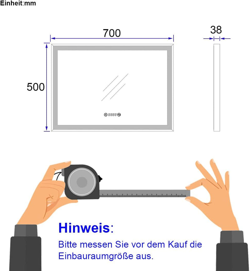 EMKE Badspiegel mit Beleuchtung 70x50cm Badspiegel Schwarzer Rand LED Badezimmerspiegel mit Touch, A