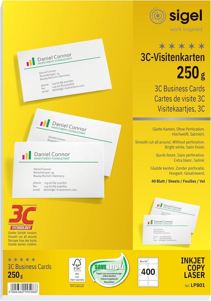 SIGEL LP801 bedruckbare Visitenkarten 3C, 400 Stück (40 Blatt), hochweiss, glatter Schnitt rundum, 2
