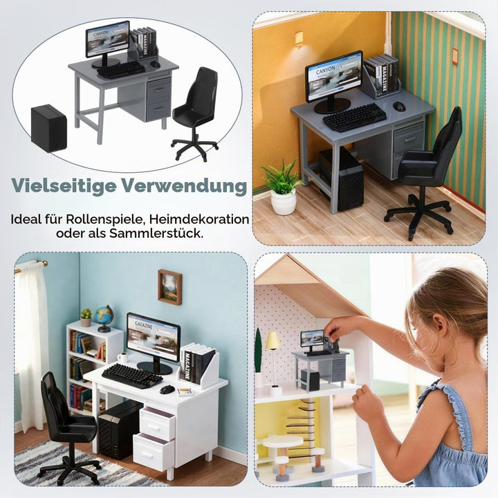 2 Sets Miniatur PuppenhausmöBel BüRotisch Mit Stuhl Computer Modell Simulations Pc Spielzeug FüR Kin