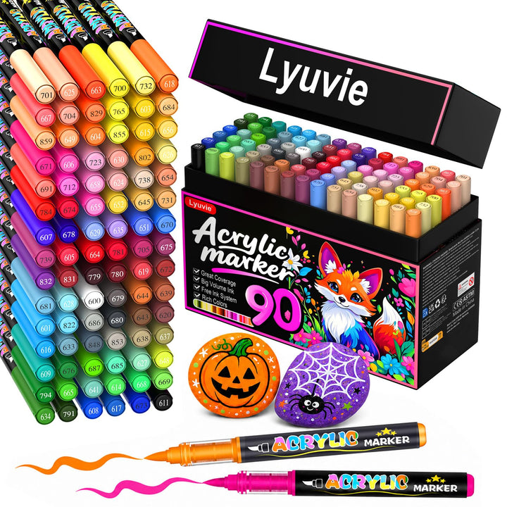 Lyuvie 90 Farben Acrylstifte für Steine WasserfestSet, Permanente Acrylic Paint Brush Marker Acrylst