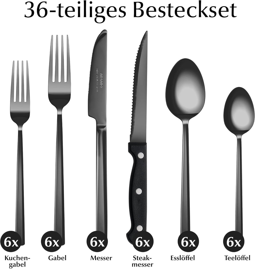 MIAMIO – Besteck Set für 6 Personen / 36-teilig Besteckset mit Messer, Gabel, Löffel, 18/10 Edelstah