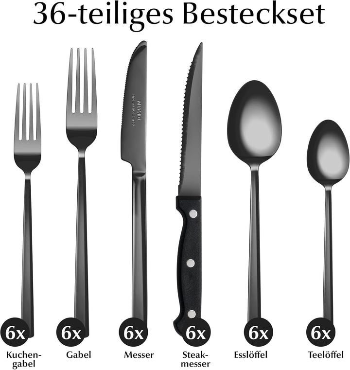 MIAMIO – Besteck Set für 6 Personen / 36-teilig Besteckset mit Messer, Gabel, Löffel, 18/10 Edelstah