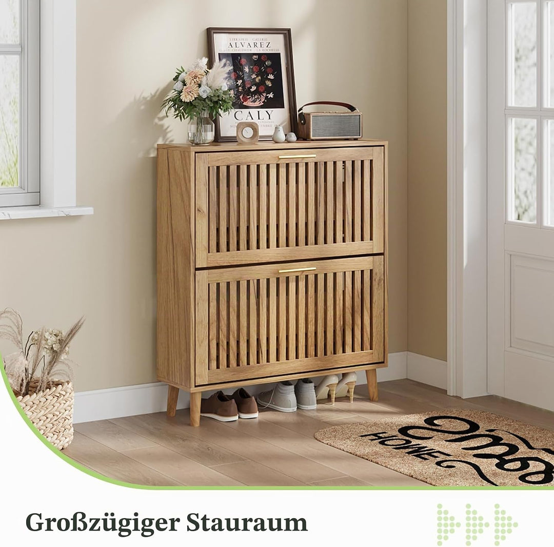 Schuhschrank mit Lamellen und 2 Klappschubladen, schmaler Schuhschrank für den Eingangsbereich, frei