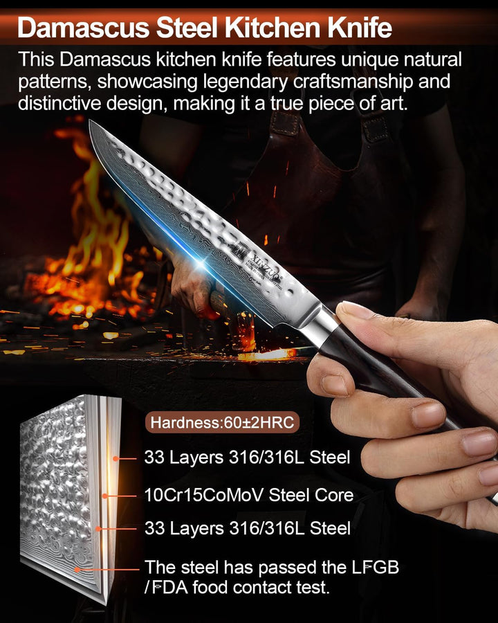 XINZUO 4-Teilig Steakmesser Set, 12.4cm Steakbesteck für 4 Personen, profi Damaststahl Steakmesser s