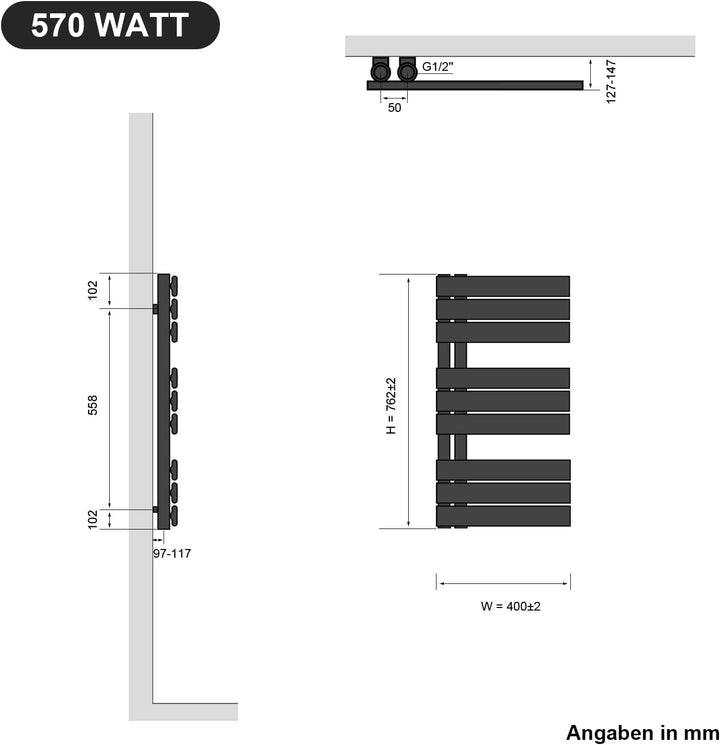 SONNI Badheizkörper Flach Handtuchtrockner 762 x 400 mm Anthrazit Handtuchwärmer Seitenanschluss Pan