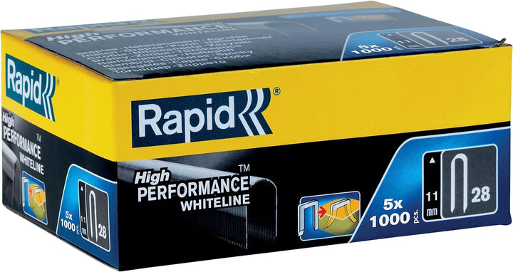 Rapid Tackerklammern Typ 28, 11mm Klammern, weiss, 5x1.000 Stk. Grosspackung, mit runden Rücken für