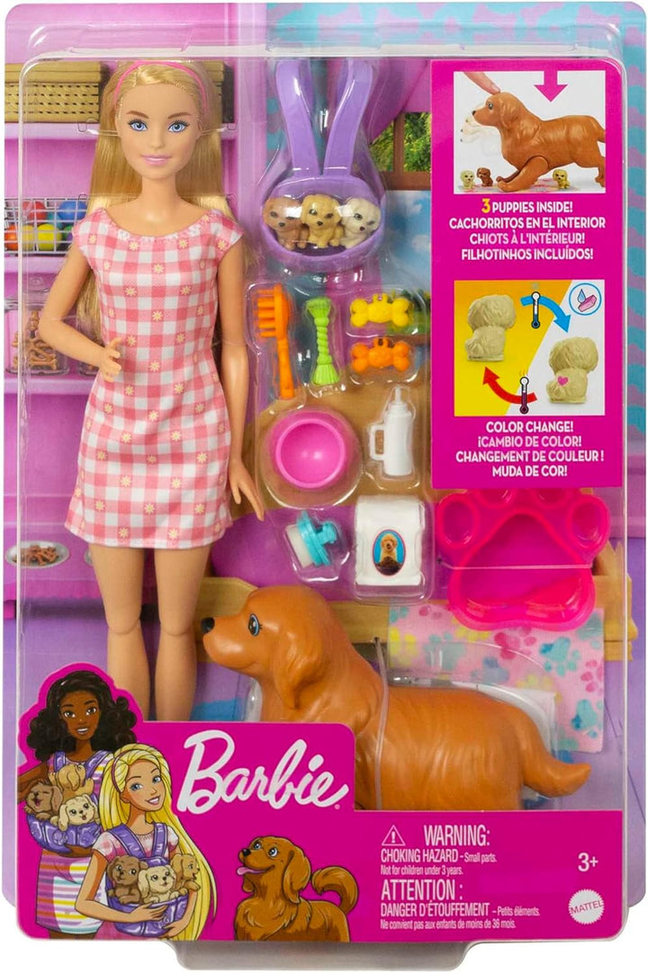 Barbie Newborn Pups Playset, Puppe mit blonden Haaren, Hundeset, inkl. 3 Welpen, 10 Accessoires, Far