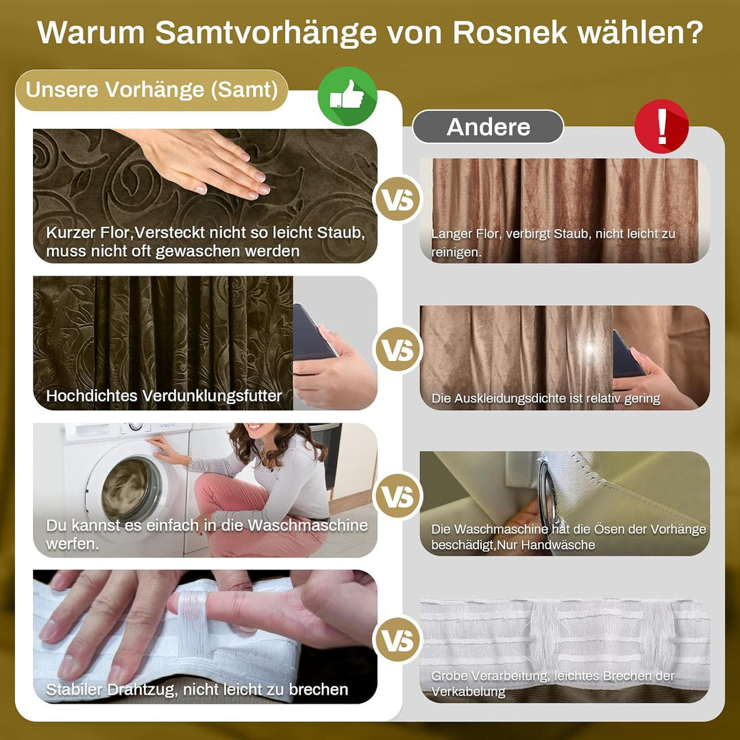 Rosnek 2 Stück Samt Vorhang Blickdicht Kräuselband,H274xB132CM Luxus Vorhänge Schlafzimmer Thermovor