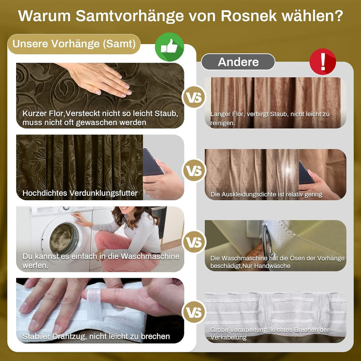 Rosnek Samt Vorhang Blickdicht Kräuselband,2 Stück Luxus Vorhänge Schlafzimmer Thermovorhang mit Mul