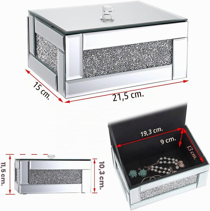 BTSKY Verspiegelte Glas-Schmuckschatulle zum Dekorieren mit zerkleinerten Diamanten, Schmuck-Organiz